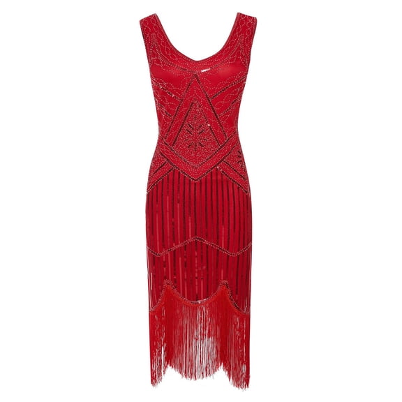 Puliio Womens Dresses 1920s Flapper Style Beaded Fringe Sleeveless Party Evening Midi Dress