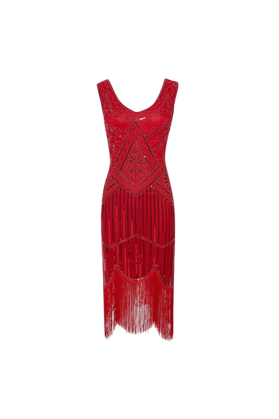 Womens Dresses 1920s Flapper Style Beaded Fringe Sleeveless Party Evening Midi Dress