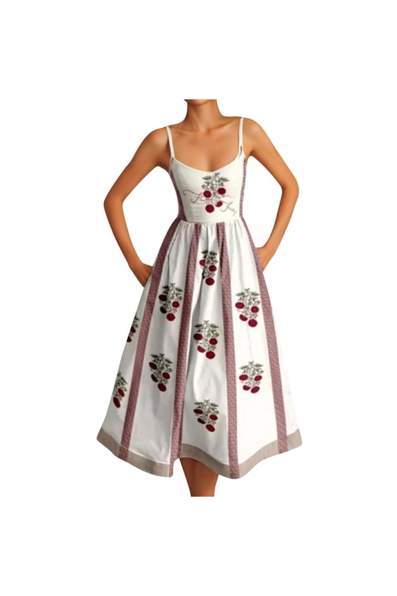 Womens Dresses Cherry Checkered Print Spaghetti Strap Flowy Casual Midi Dress