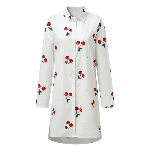 Puliio Womens Dresses Cherry Print Lapel Long Sleeve Dress Women's Trendy Fashion Daily Casual Dresses