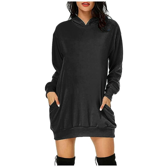 Puliio Womens Dresses Solid Color Long Sleeve Hoodie Dress With Pocket Fashion Casual Comfort Dresses
