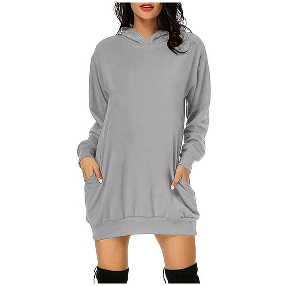 Puliio Womens Dresses Solid Color Long Sleeve Hoodie Dress With Pocket Fashion Casual Comfort Dresses