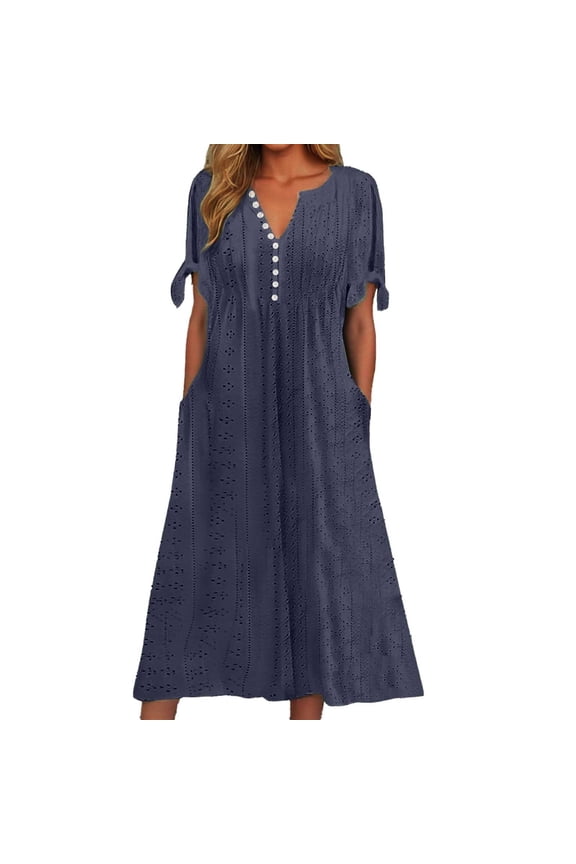 Womens Dresses Solid V-Neck Lace Frilly Long Dress With Cut Out Slouchy Casual Dresses