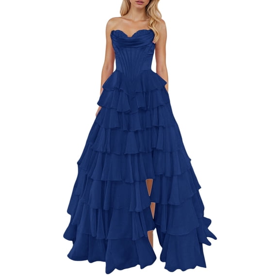 Puliio Womens Dresses Strapless Corset Tiered Split Skirt Dance Birthday Fairy Formal Evening Party Gown A Line Dresses