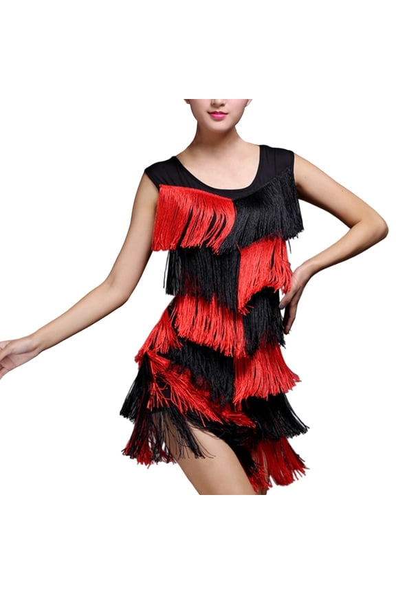 Womens Dresses Two Tone Fringe Tiered Sleeveless Latin Dance Performance Party Dress