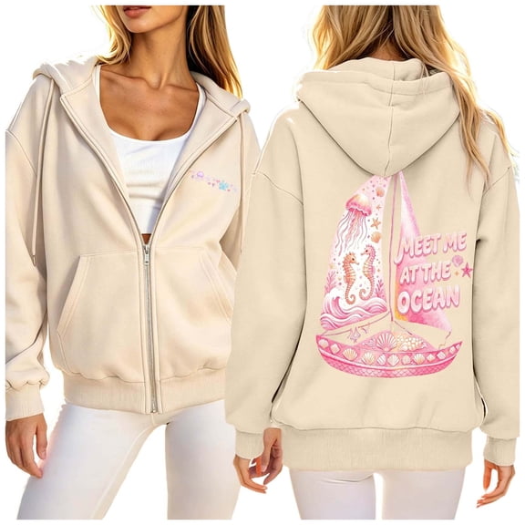 Puliio Womens Full Zip Up Hoodie Loose Side Pockets Soft Graphic Print Sporty Sweatshirt