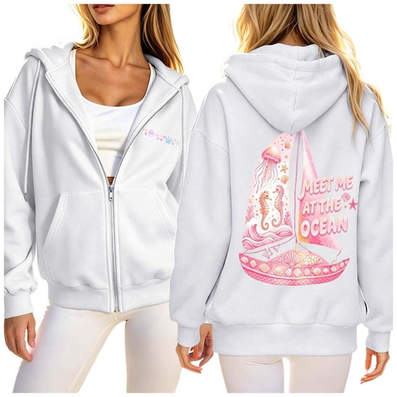 Puliio Womens Full Zip Up Hoodie Loose Side Pockets Soft Graphic Print Sporty Sweatshirt