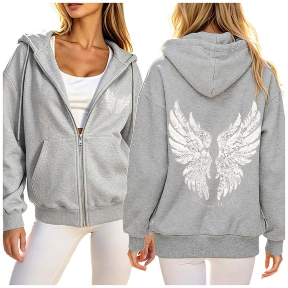 Puliio Womens Full Zip Up Hoodie Oversized Vintage Graphic Print Warm Fall Sweatshirt With Side Pockets