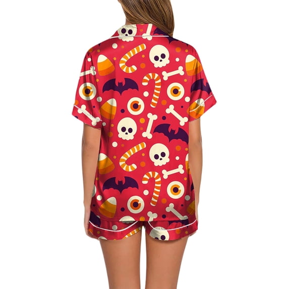 Puliio Womens Halloween Pajamas Set Candy Cute Bone Print Short Sleeve Sleepwear Button Down Loungewear 2 Piece Pjs Shorts Set