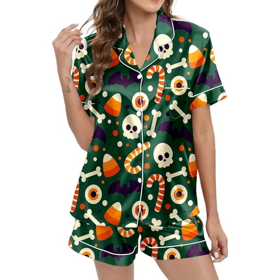 Puliio Womens Halloween Pajamas Set Candy Cute Bone Print Short Sleeve Sleepwear Button Down Loungewear 2 Piece Pjs Shorts Set
