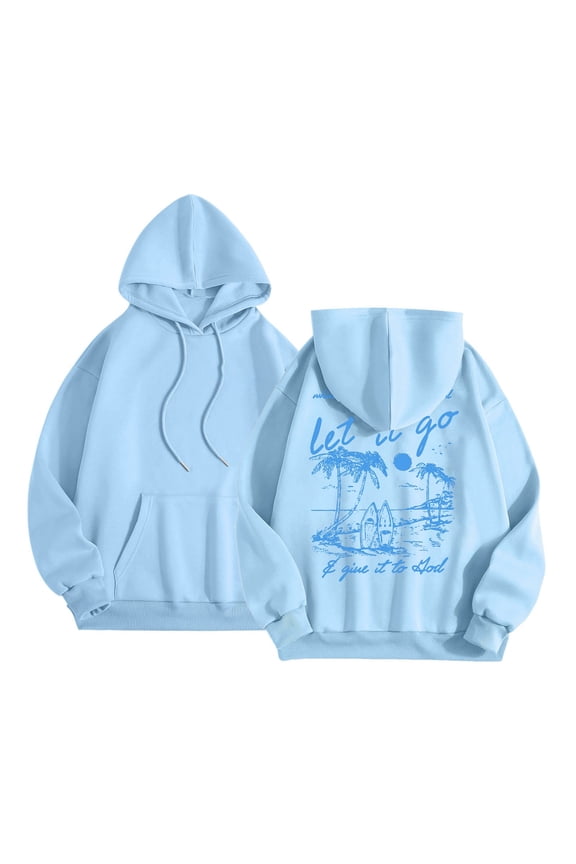 Womens Hooded Long Sleeve Coconut Tree Graphic Drawstring Pullover Sweatshirt With Pocket Unisex Casual Comfortable Everyday Wear Spring Fall Fashion Hoody Sweatshirts For Men Women