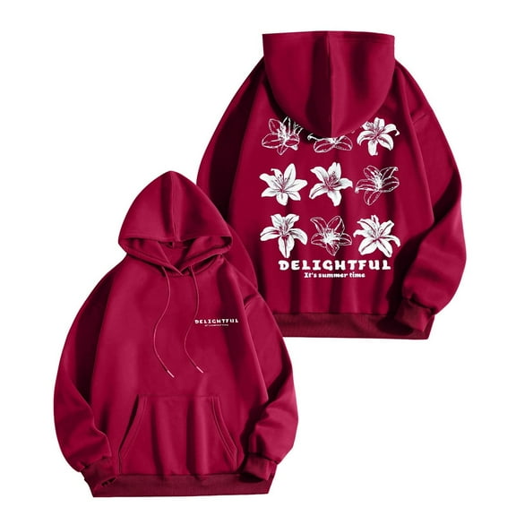 Puliio Womens Hoodie Autumn Winter Casual Flower Printed Hooded Sweatshirt Comfortable Fashionable Long Sleeve Outdoor Pullover Capped Tops