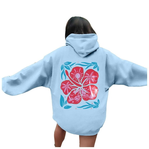 Puliio Womens Hoodies Back Flower Print Long Sleeved Hooded With Pocket Loose Comfortable Pullover Overszie Drawstring Hoody Cappped Tops