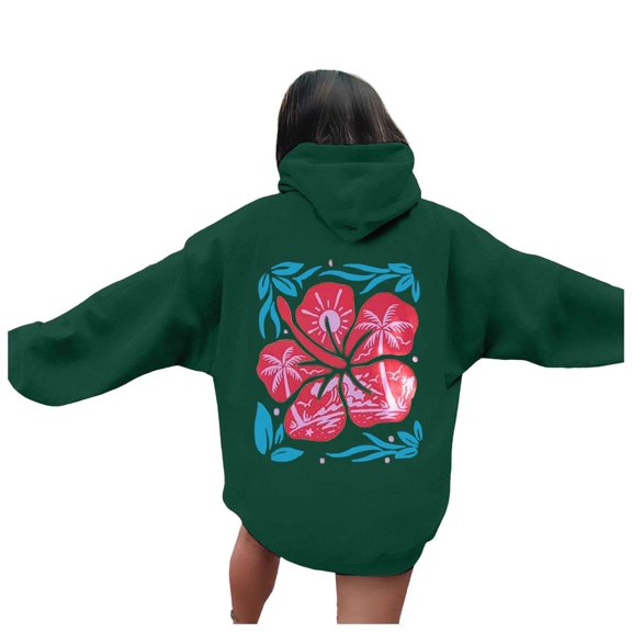 Puliio Womens Hoodies Back Flower Print Long Sleeved Hooded With Pocket Loose Comfortable Pullover Overszie Drawstring Hoody Cappped Tops
