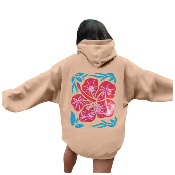 Puliio Womens Hoodies Back Flower Print Long Sleeved Hooded With Pocket Loose Comfortable Pullover Overszie Drawstring Hoody Cappped Tops