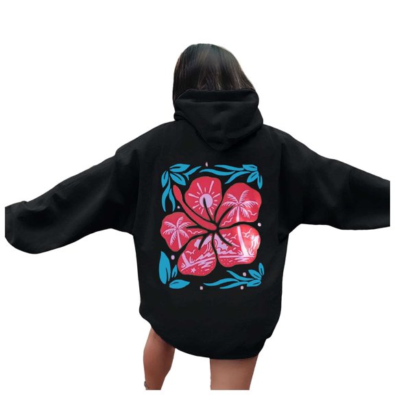 Puliio Womens Hoodies Back Flower Print Long Sleeved Hooded With Pocket Loose Comfortable Pullover Overszie Drawstring Hoody Cappped Tops
