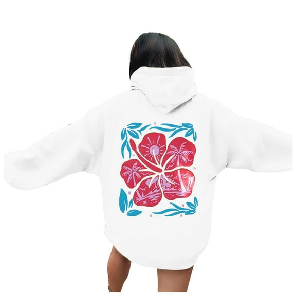 Puliio Womens Hoodies Back Flower Print Long Sleeved Hooded With Pocket Loose Comfortable Pullover Overszie Drawstring Hoody Cappped Tops