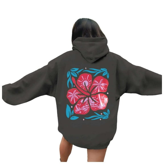 Puliio Womens Hoodies Back Flower Print Long Sleeved Hooded With Pocket Loose Comfortable Pullover Overszie Drawstring Hoody Cappped Tops