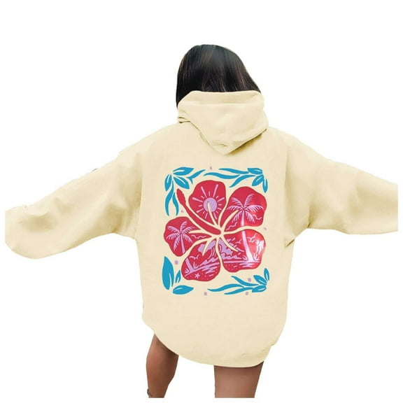 Puliio Womens Hoodies Back Flower Print Long Sleeved Hooded With Pocket Loose Comfortable Pullover Overszie Drawstring Hoody Cappped Tops