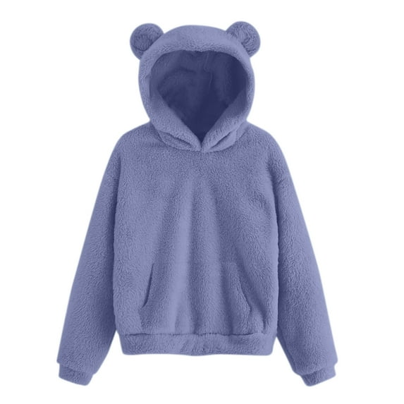 Puliio Womens Hoodies Cute Bear Ears Long Sleeve Fuzzy Hooded Sweatshirts Coat Thickened Warm Pullover Tops Unisex Casual Loose Solid Color Fall Outwear Hoody Sweater For Women Men