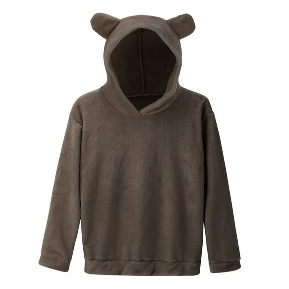 Puliio Womens Hoodies Cute Bear Shape Long Sleeve Fuzzy Hooded Sweatshirts Coat Warm Pullover Tops Unisex Casual Loose Solid Color Fall Outwear Hoody Sweater For Women Men