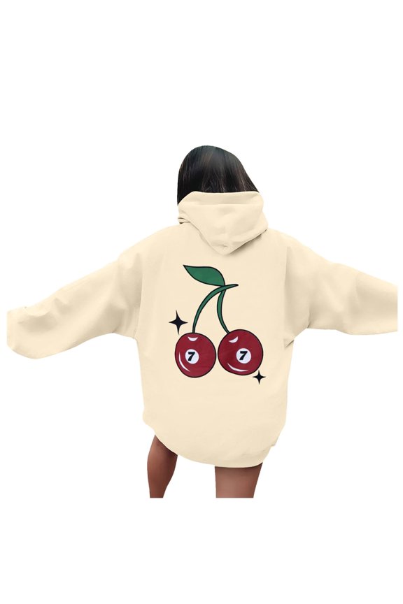 Womens Hoodies Cute Cherry Printed Long Sleeve Casual Pullover Hoodie Spring Fall Winter Soft Comfortable Hooded Sweatshirt With Front Pocket