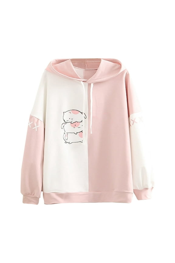 Womens Hoodies Cute Print Long Sleeve Patchwork Drawstring Sweatshirt Top Trendy Loose Comfortable Hoody Hooded Pullover For Women