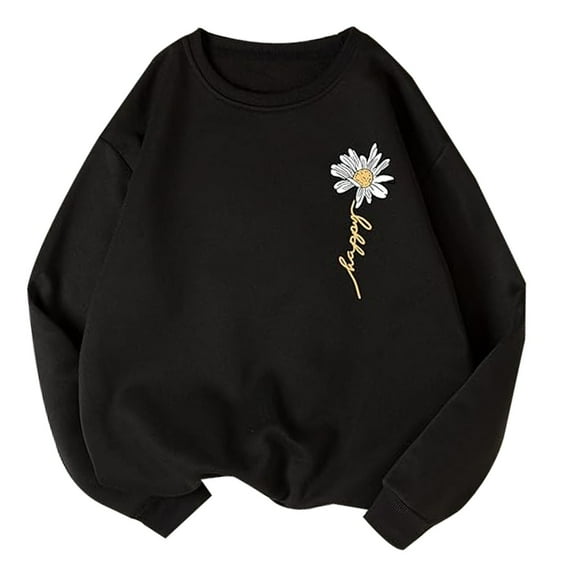 Puliio Womens Hoodies Flower Print Round Neck Long Sleeve Pullovers Trendy Loose Comfortable Loose Hoodless Sweatshirts