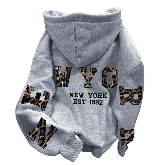 Puliio Womens Hoodies Leopard Letter Print Long Sleeve Pocket Pullovers Womens Fashion Loose Oversized Hoodies Sweatshirts