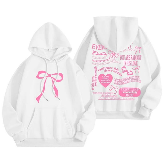 Puliio Womens Hoodies Letter Bowknot Print Long Sleeved Hooded Sweartshirts With Pockets Loose Casual Comfortable Outdoor Basic Pullover Outdoor Capped Tops