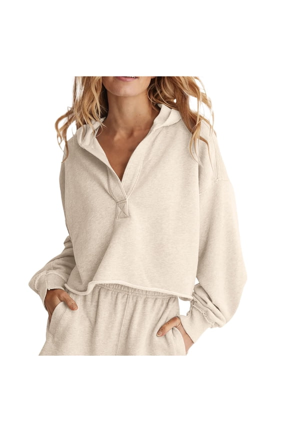 Womens Hoodies Pure Color Long Sleeve Fashion Loose Hooded Pullover Women Spring Autumn V Neck Blouse Casual Loose Hoody Sweatshirts