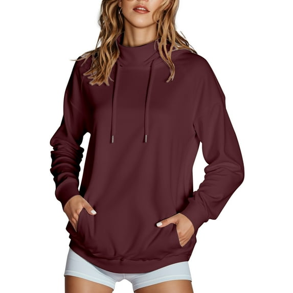 Puliio Womens Hoodies Solid Color High Collar Drawstring Hooded Sweartshirts With Side Pockets Non Velvet Soft Comfy Simple Outdoor Pullover Tops