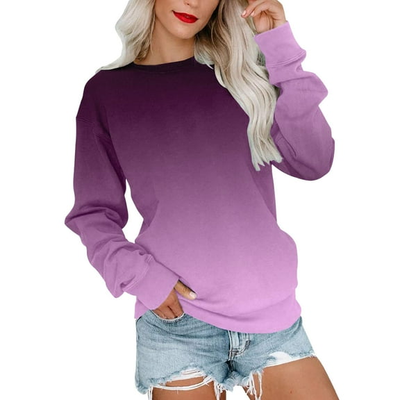 Puliio Womens Hoodless Casual Round Neck Gradient Printing Sweatshirt Long Sleeve Top Cute Pullover Loose Version Pullover Sweater