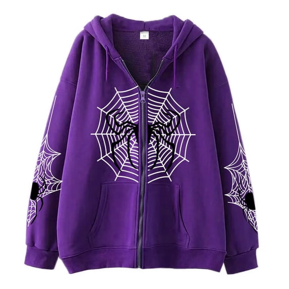 Puliio Womens Loose Spider Web Print Full Zip Hoodies Fall Casual Long Sleeve Hooded Sweatshirts with Side Pockets