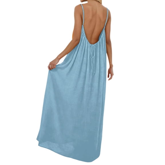 Puliio Womens Maxi Dresses Solid Cami Low Back Drawstring Loose Fit Casual Home Wear Dress