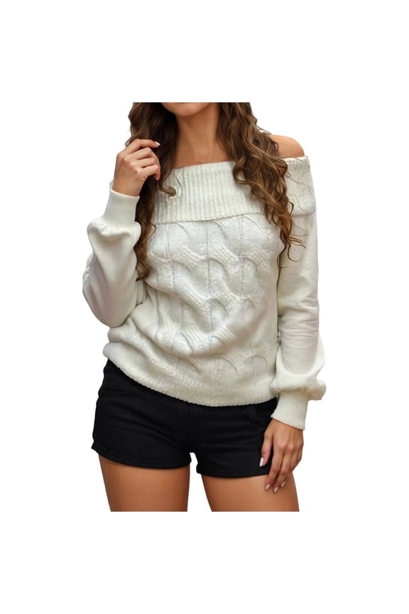 Womens Off The Shoulder Sweater Elegant Long Sleeve Knit Pullover Sweaters Winter Minimalist Fashion Forward Styles Off-Shoulder Jumper Tops