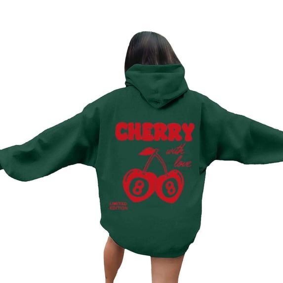 Puliio Womens Oversized Cherry Print Pullover Hoodies Fall Casual Long Sleeve Hooded Sweatshirts