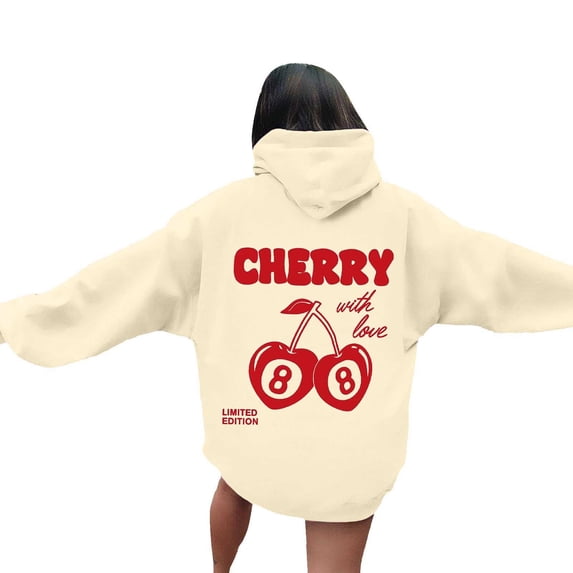 Puliio Womens Oversized Cherry Print Pullover Hoodies Fall Casual Long Sleeve Hooded Sweatshirts