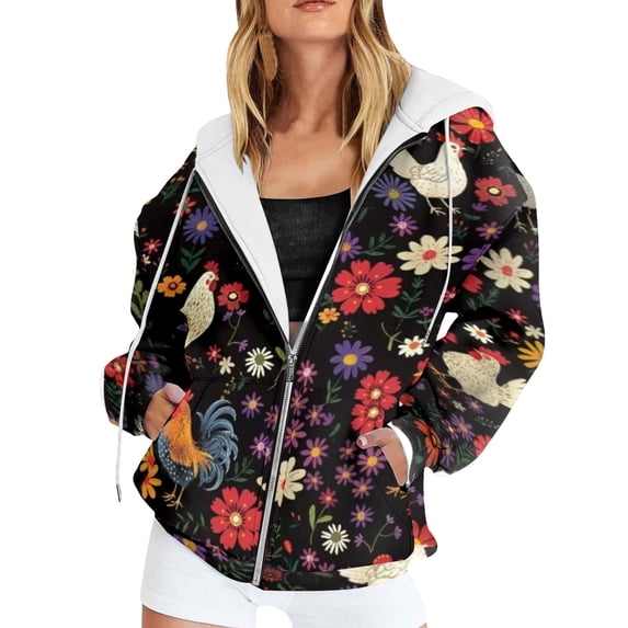 Puliio Womens Oversized Floral Rooster Print Full Zip Hoodies Fall Casual Long Sleeve Hooded Sweatshirts with Side Pockets