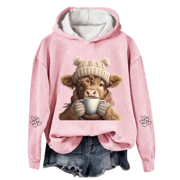 Puliio Womens Oversized Highland Cow Print Pullover Hoodies Fall Casual Long Sleeve Hooded Sweatshirts with Kangaroo Pockets