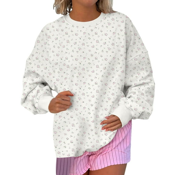 Puliio Womens Oversized Hoodies Floral Print Crewneck Long Sleeve Pullover Top Womens Elegant Temperament Daily Wear Hoodless Sweatshirts