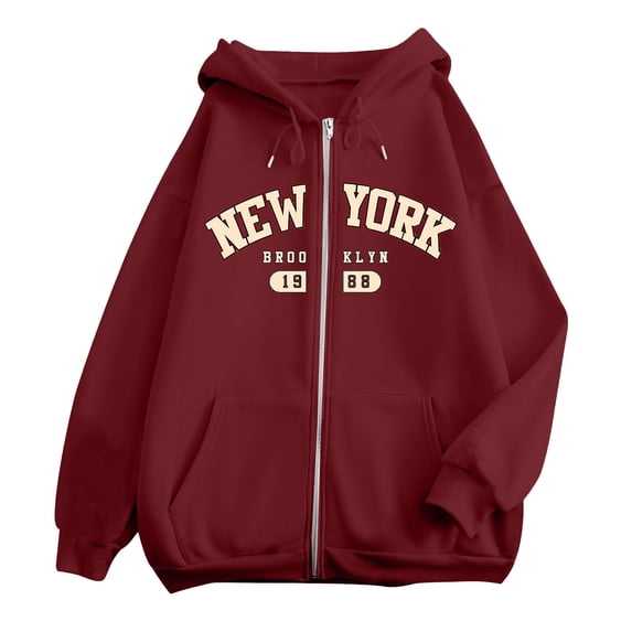 Puliio Womens Oversized New York Brooklyn Print Full Zip Hoodies Fall Vintage Long Sleeve Hooded Sweatshirts with Side Pockets