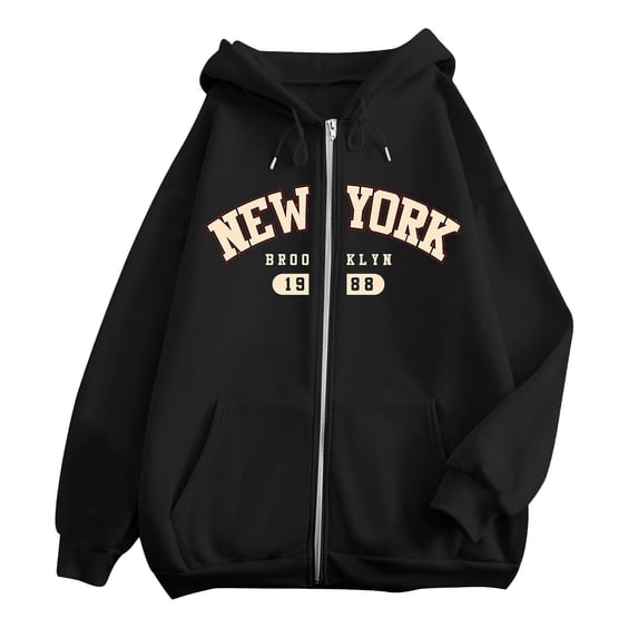 Puliio Womens Oversized New York Brooklyn Print Full Zip Hoodies Fall Vintage Long Sleeve Hooded Sweatshirts with Side Pockets