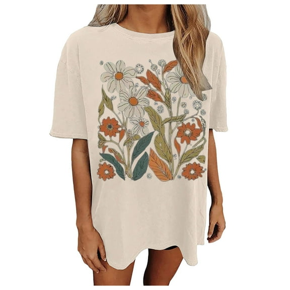 Puliio Womens Oversized Tshirt Flower Graphic Tees Music Short Sleeve Shirts Summer Casual Loose Beach Tops