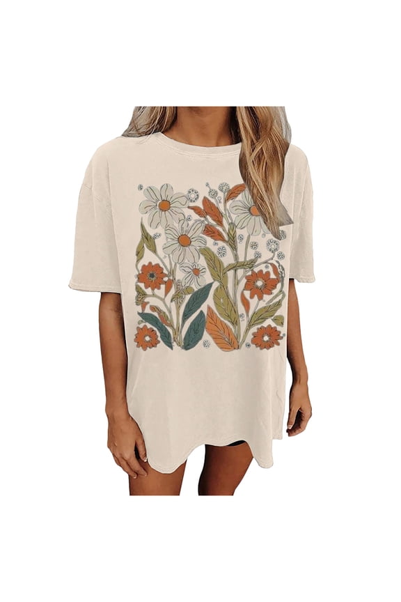 Womens Oversized Tshirt Flower Graphic Tees Music Short Sleeve Shirts Summer Casual Loose Beach Tops