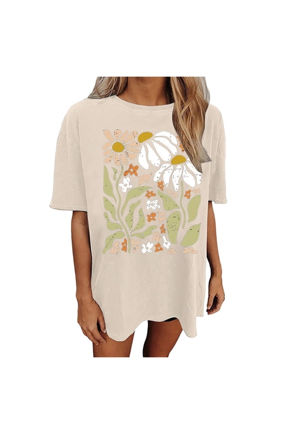 Womens Oversized Tshirt Flower Graphic Tees Music Short Sleeve Shirts Summer Casual Loose Beach Tops