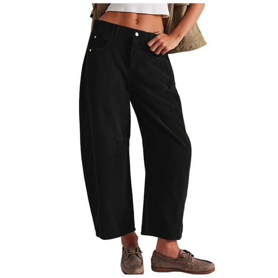 Puliio Womens Pants Barrel Mid Rise Elastic Waist Cord Pants Casual Wide Leg Baggy Trouser With Pockets