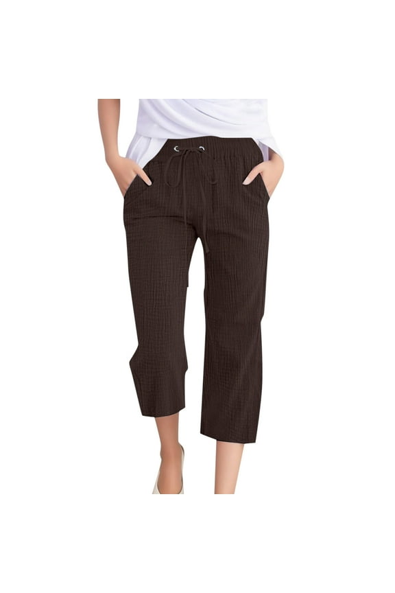 Womens Pants Casual Solid Color Plain Weave Breathable 7/8 Pants Trendy Loose Comfortable Trouser
