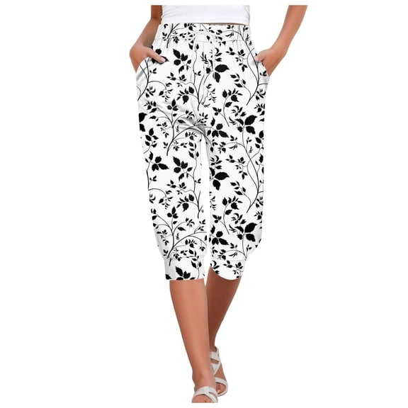 Puliio Womens Pants Flower Print Elastic Waist Drawstring Sweatpants Fasionable Loose Soft Capri Pants With Pockets