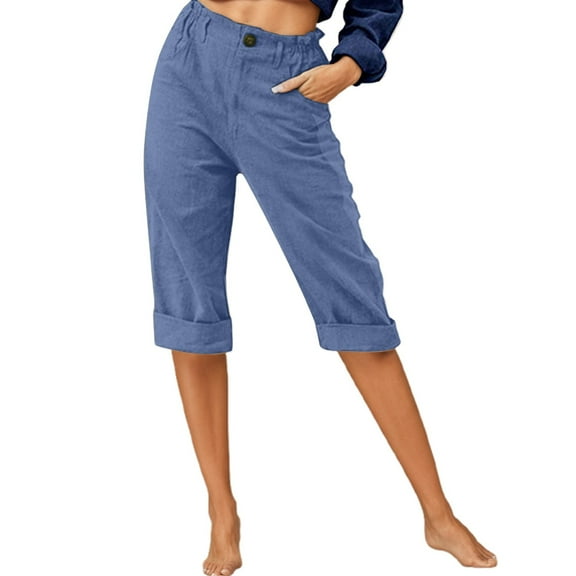 Puliio Womens Pants Mid-Riseb Utton Capri Pants With Pockets Daily Wear Spring Summer Activities Stylish Relaxed Fit Trousers